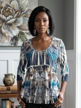 Reina Vintage Y2K Artistic Animal Print Tiered Tunic TopBlue,Black,White,Size 2